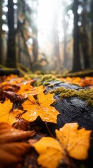 Autumn leaves on forest floor, misty background, nature scene