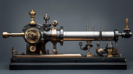 Fototapeta premium A close-up of a metal lathe machine operating on a deep gray background