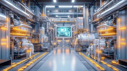 A cybernetic factory with holographic controls on a high-tech silver background