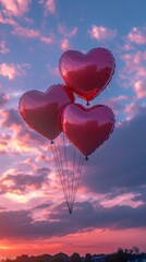 Three heart-shaped balloons float against a colorful sunset sky, creating a romantic atmosphere