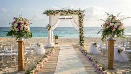 Fototapeta premium Beach Wedding Venue with Elegant Arbor, Romantic Ceremony Setup, Coastal Decor, Sand, Aisle, Tropical Vibes, Destination Wedding Ideas, Outdoor Celebration, Scenic Ocean Backdrop, Bridal Inspiration