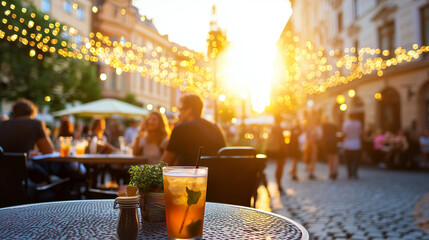 City Street at Sunset with Tourists at Outdoor Cafe