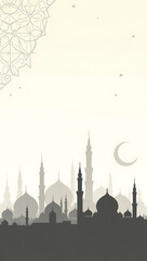 A peaceful silhouette of a mosque with the crescent moon and stars, symbolizing the spiritual atmosphere of Ramadan, against a soft background