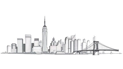 Design a stunning panoramic view of Manhattan's iconic skyline set against a crisp white background.