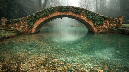 Serene stone bridge adorned with ivy, spanning a tranquil river in a misty forest landscape