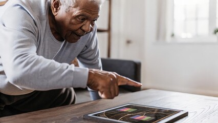 A senior man leans forward eyebrows furrowed as he points at a 3D hologram depicting a daily activity tracker the vibrant colors of the stats drawing his attention.