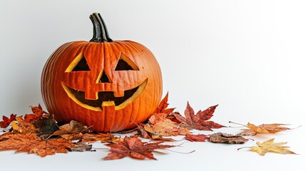 A carved Halloween pumpkin with a cheerful face surrounded by colorful autumn leaves on a white background