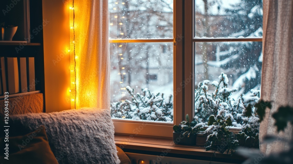 Leinwandbilder cozy indoor setting with winter view showing snow covered trees and warm lights during a snowy day. 
