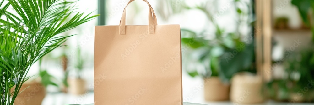 Poster Eco friendly paper bag featured in a green plant setting with space for custom text in natural light. Generative AI