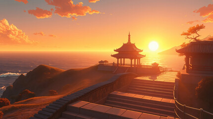 Fototapeta premium Temple ground during sunset - anime aesthetic wallpaper