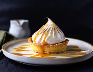 tarte au citron meringuée et brulée avec un coulis caramel au citron sur une assiette dans un...