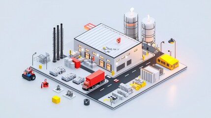 Obraz premium A colorful, 3D model of an industrial facility featuring trucks, storage containers, silos, and various machinery, set against a clean background.