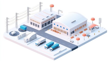 Obraz premium A modern urban scene featuring buildings, vehicles, and infrastructure, showcasing a well-organized industrial or commercial area.