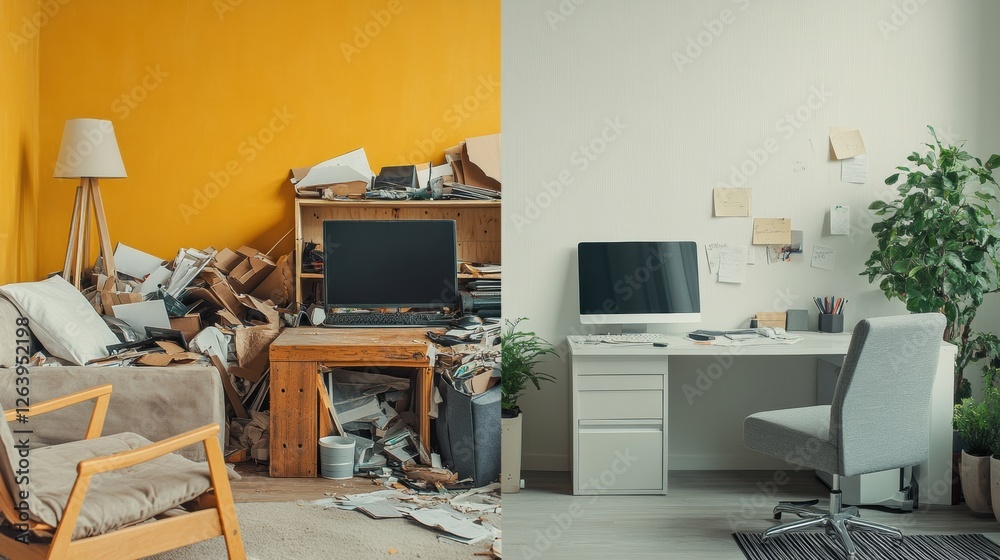 Aufkleber contrasting environments showcasing a cluttered living space and a clean, organized workspace. gener