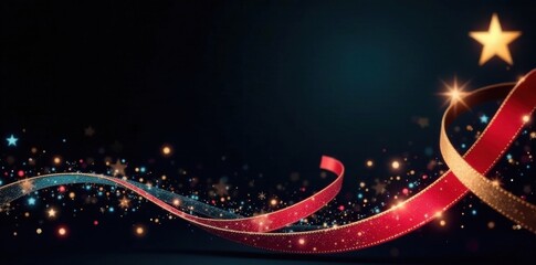 Swirl ribbon and star Christmas banner on black, sparkly stars, decorative banners, celestial theme