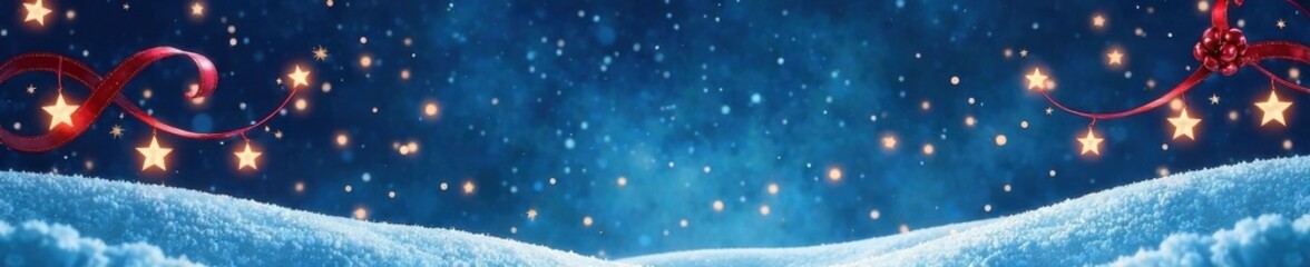 Obraz premium Swirl ribbon garland with stars hanging from dark blue sky over snowy landscape with Christmas banner, Christmas, stars, landscape