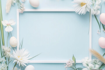 Obraz premium Pastel Easter eggs and flowers arranged around a white frame on a light blue background Happy Easter