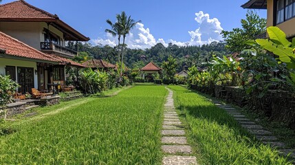 Fototapeta premium Stone path through lush rice paddy between Balinese houses