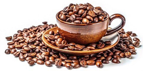 Fototapeta premium Coffee Beans Closeup, Isolated White Background, High-Resolution Photo, Macro Photography, Roasted Coffee Beans, Coffee Bean Texture, Brown Coffee Beans