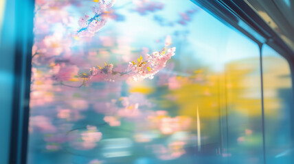 ぼやけた桜と青空—車窓に映る春の記憶