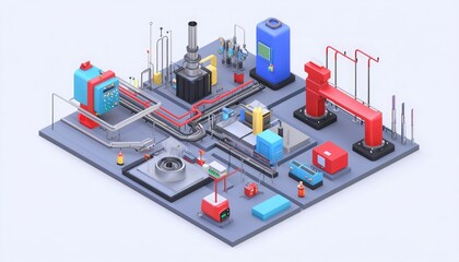 Obraz premium A colorful isometric representation of an industrial area featuring machinery, pipes, and various containers, illustrating a manufacturing or processing setup.