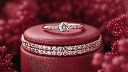 Elegant rose gold jewelry displayed on a plush red pedestal surrounded by floral accents