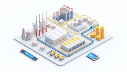 Obraz premium A modern industrial facility featuring storage tanks, processing units, and a control panel, showcasing an advanced manufacturing setup.