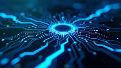 close blue circuit board circular hole center circuit board multiple lines dots creating network like pattern lines arranged way creates sense depth dimension blue color circuit board contrasts