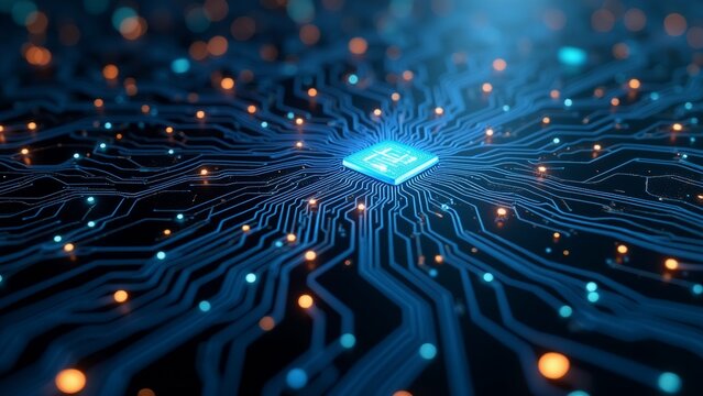 close circuit board blue orange color scheme board multiple lines dots creating network like pattern center board small blue chip white outline chip appears microchip which type electronic component