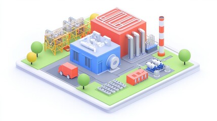 Naklejka premium A colorful 3D model of an industrial facility featuring buildings, a truck, and trees, representing manufacturing and production environments.
