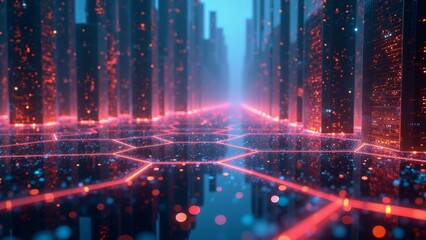 futuristic cityscape tall buildings either side buildings lit red blue lights creating futuristic futuristic atmosphere floor hexagonal tiles grid like pattern center background deep blue small white