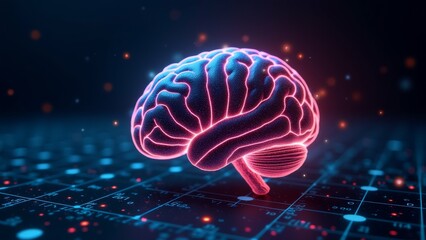 rendering human brain pink blue colors brain center dark background grid like pattern lines dots lines arranged way creates sense depth dimension while dots scattered throughout overall color scheme