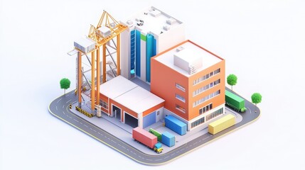 Fototapeta premium A colorful, isometric illustration of a construction site featuring a building, crane, trucks, and storage tanks, surrounded by green trees.
