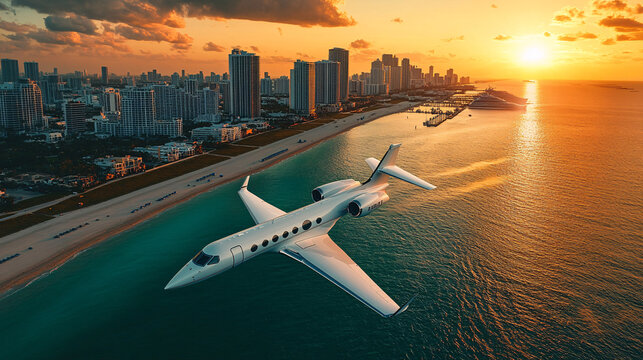 Sunset Elegance: Gulfstream G650 Soars Over Miami Beach, Shadows Dancing on Turquoise Waters and Art Deco Glow