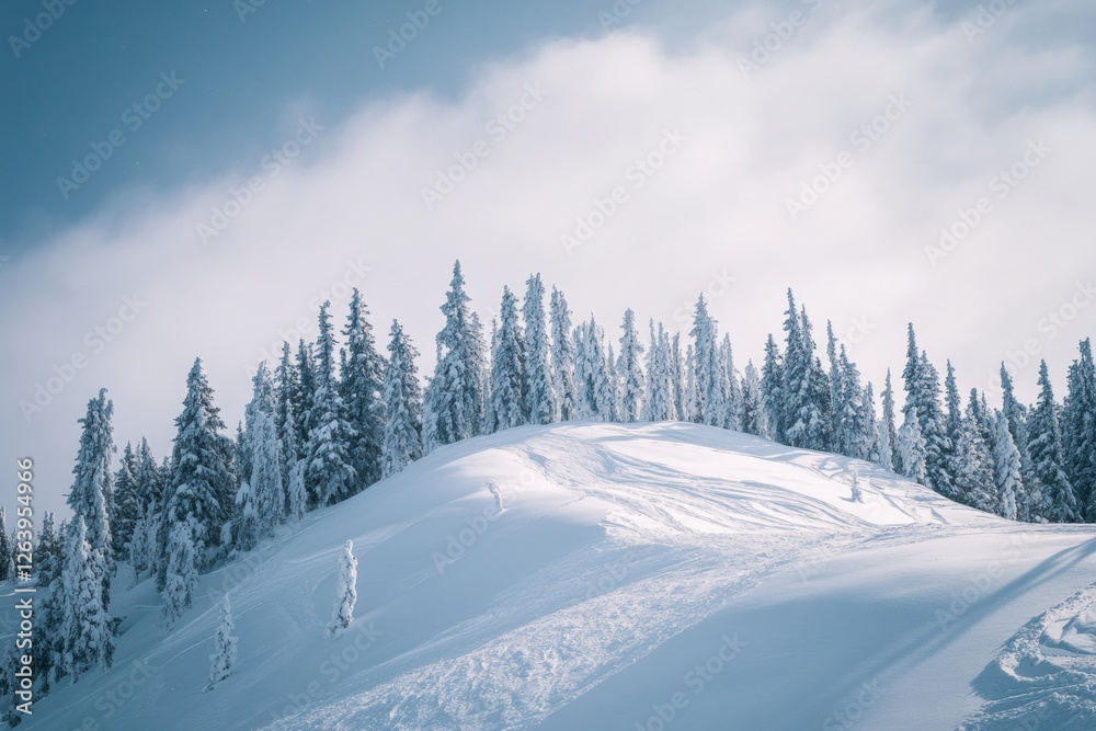 Poster fresh snow blankets a serene landscape with evergreen trees under a bright sky in winter. generative