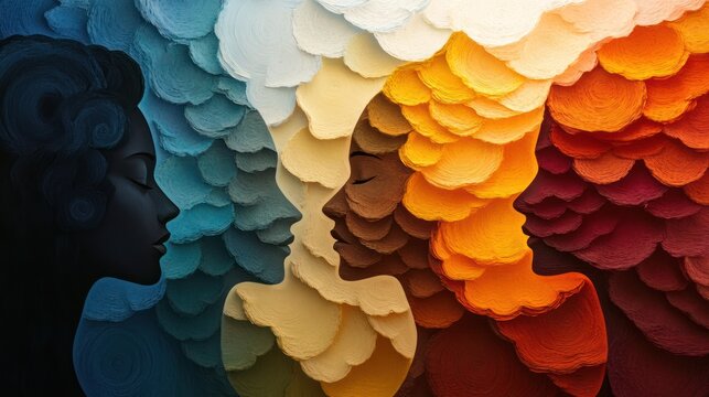 Diverse women, profile, colorful abstract, unity, background, art, therapy, mental health