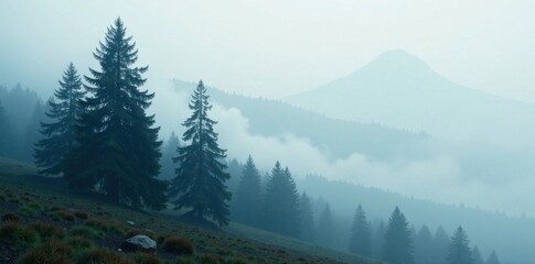 Fototapeta premium Fog-shrouded fir trees standing alone in a mystical landscape, landscape, trees, mysticism