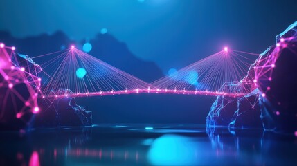 Obraz premium Futuristic digital landscape with a glowing bridge connecting two rocky shores, illuminated by vibrant pink and blue lights.