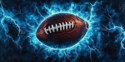 A vibrant blue lightning bolt arcs across a stark dark blue-black sky, illuminating a bright blue football below—creating a dynamic contrast that captures energy and motion
