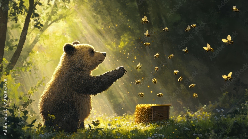 Poster young bear explores honeycomb in a sunlit forest while bees buzz around joyfully. generative ai