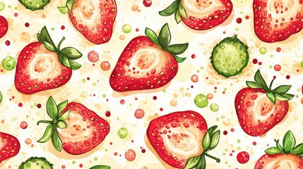 Colorful pattern featuring strawberries and cucumbers on a light background, ideal for food-related designs