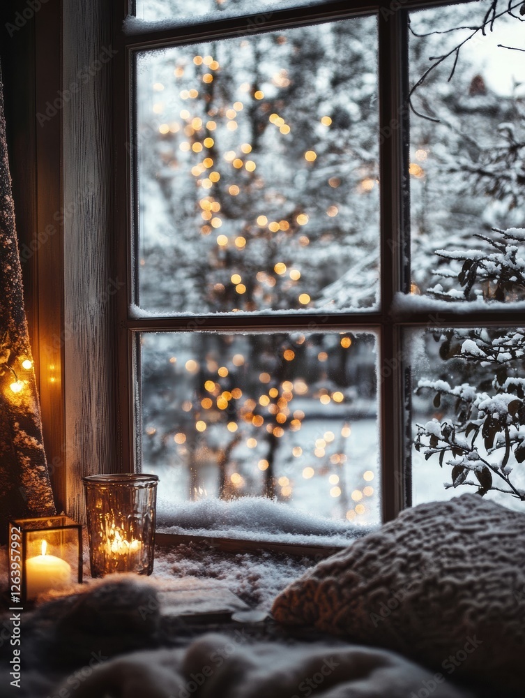 Poster cozy winter night view from a warm indoor setting with snowfall and glowing lights outside. generati