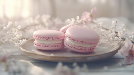 Obraz premium 桜色のマカロンと春の花 優雅なカフェスタイル
