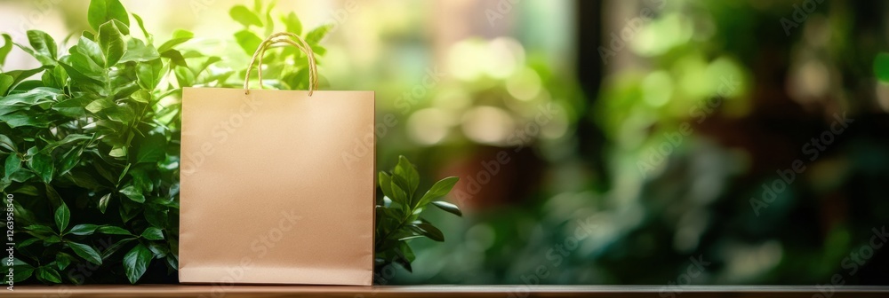 Poster eco friendly paper bag displayed on a wooden surface with lush green plants in a well lit environmen