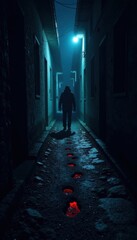 Footprints lead to a dark alleyway, solitary figure in the shadows, nighttime, footprints