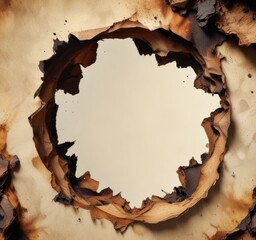 Torn and faded holes in a piece of burned paper , realistic burn, torn page, holey paper