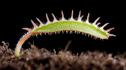 Naklejka premium Young Venus flytrap leaf, dark background, nature close-up, botany