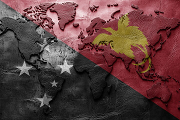 Flag of Papua New Guinea on the ancient leather old world map . Adventure concept. Macro shot. Generative Ai
