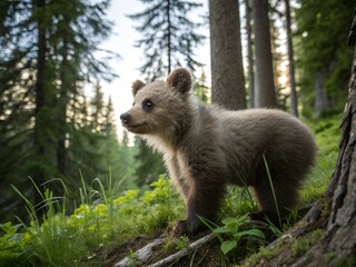 Playful Brown Bear Cub in a Lush Forest Meadow