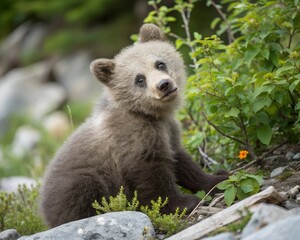 Playful Brown Bear Cub in a Lush Forest Meadow